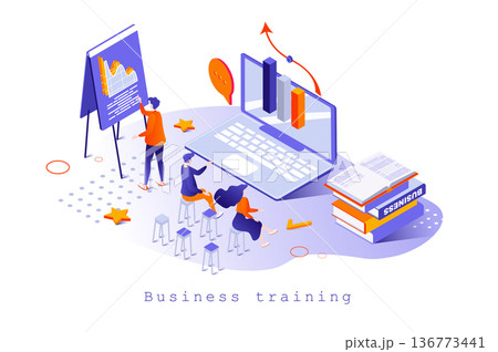 Business training concept in 3d isometric design. Employees learning at coach lecture, mentoring and consulting, career development, web template with people scene. Vector illustration for webpage 136773441