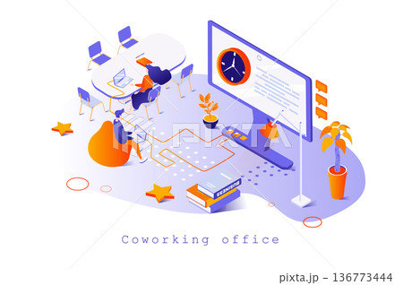 Coworking office concept in 3d isometric design. Colleagues work on laptops in open space, collaboration, communication and teamwork, web template with people scene. Vector illustration for webpage Coworking office concept in 3d isometric design. Colleagues work on laptops in open space, collaboration, communication and teamwork, web template with people scene. Vector illustration for webpage 136773444