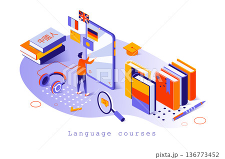 Language courses concept in 3d isometric design. Student studies foreign languages online, learns to speak and translate, reads books, web template with people scene. Vector illustration for webpage 136773452