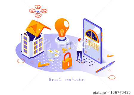 Real estate concept in 3d isometric design. Realtor buying and selling houses and apartments, building company, real estate business, web template with people scene. Vector illustration for webpage 136773456