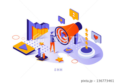 SMM concept in 3d isometric design. Online advertising, business promotion and attraction of new customers, social media marketing web template with people scene. Vector illustration for webpage SMM concept in 3d isometric design. Online advertising, business promotion and attraction of new customers, social media marketing web template with people scene. Vector illustration for webpage 136773461