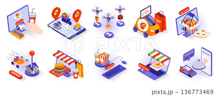 Food delivery concept isometric 3d icons set. Online order from restaurant at computer, tracking parcel at mobile app, courier or drone with package, isometry isolated collection. Vector illustration Food delivery concept isometric 3d icons set. Online order from restaurant at computer, tracking parcel at mobile app, courier or drone with package, isometry isolated collection. Vector illustration 136773469