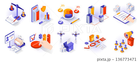 Election and voting concept isometric 3d icons set. Ballot papers, candidate selection, voting booths, exit polls, political campaigning of voters, isometry isolated collection. Vector illustration Election and voting concept isometric 3d icons set. Ballot papers, candidate selection, voting booths, exit polls, political campaigning of voters, isometry isolated collection. Vector illustration 136773471