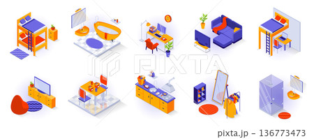 Home interiors elements concept isometric 3d icons set. Furnished rooms isometry isolated collection. Bedroom, bathroom, living room, childs room, kitchen, wardrobe and other. Vector illustration Home interiors elements concept isometric 3d icons set. Furnished rooms isometry isolated collection. Bedroom, bathroom, living room, childs room, kitchen, wardrobe and other. Vector illustration 136773473