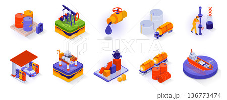 Oil and Industry concept isometric 3d icons set. Extraction, transportation and distribution isometry isolated collection. Barrels, pipeline, equipment, gas station and other. Vector illustration 136773474