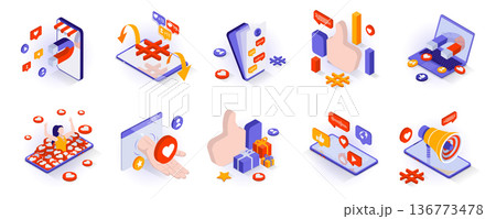 Social media concept isometric 3d icons set. Online communication and chats, attracting followers and blogging, promotion and digital marketing, isometry isolated collection. Vector illustration Social media concept isometric 3d icons set. Online communication and chats, attracting followers and blogging, promotion and digital marketing, isometry isolated collection. Vector illustration 136773478