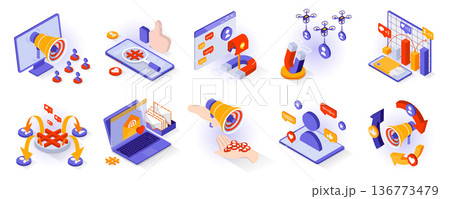 Social media concept isometric 3d icons set. Online promotion, digital marketing, active users networking, email newsletters, audience attraction, isometry isolated collection. Vector illustration Social media concept isometric 3d icons set. Online promotion, digital marketing, active users networking, email newsletters, audience attraction, isometry isolated collection. Vector illustration 136773479