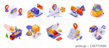 Transportation and logistics concept isometric 3d icons set. Cargo delivery, air freight, global shipping, parcel storage, tracking, company rating, isometry isolated collection. Vector illustration 136773480