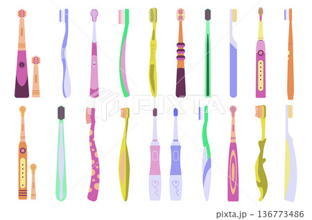 Toothbrushes concept collection in flat cartoon design. Different types and colors of toothbrushes set isolated elements. Cleaning tools for mouth. Dental hygiene and oral care. Vector illustration 136773486
