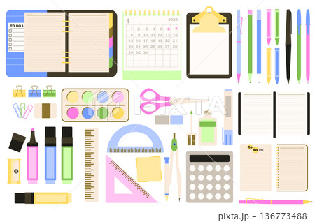 Stationery concept collection in flat cartoon design. Notebook, calendar, tablet, pen, pencil, paper, clip, paints, scissors, markers and other office supply set isolated elements. Vector illustration 136773488