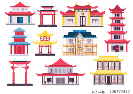 Chinese and Japanese buildings concept collection in flat cartoon design. Towers, houses, gate and temple in traditional architecture with pagoda roofs, set isolated elements. Vector illustration Chinese and Japanese buildings concept collection in flat cartoon design. Towers, houses, gate and temple in traditional architecture with pagoda roofs, set isolated elements. Vector illustration 136773489