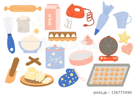 Homemade bakery collection in flat cartoon design. Kitchen utensils and ingredients for making desserts. Rolling pin, flour, milk, whisk, eggs and other set isolated elements. Vector illustration Homemade bakery collection in flat cartoon design. Kitchen utensils and ingredients for making desserts. Rolling pin, flour, milk, whisk, eggs and other set isolated elements. Vector illustration 136773490