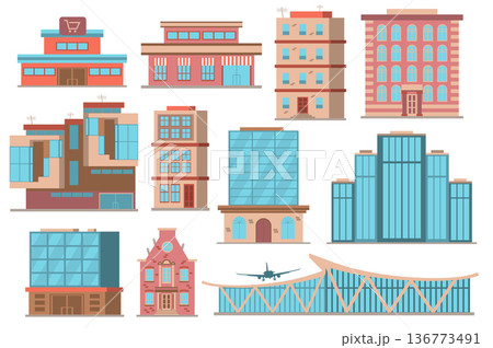 City buildings concept collection in flat cartoon design. Different types of private or public buildings in modern architecture style. Real estate cityscape set isolated elements. Vector illustration 136773491