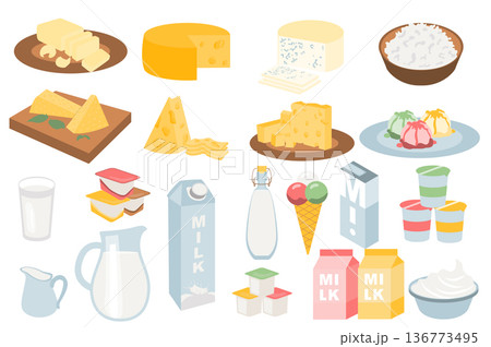 Milk products set in flat cartoon design. Different types of cheeses, cottage cheese in bowl, milk in jug or glass, yoghurts in containers, ice cream, desserts, various packaging. Vector illustration Milk products set in flat cartoon design. Different types of cheeses, cottage cheese in bowl, milk in jug or glass, yoghurts in containers, ice cream, desserts, various packaging. Vector illustration 136773495