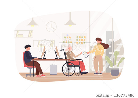 Programmers working at office modern flat concept. Developers coding, discuss tasks. Handicapped person on wheelchair work in IT industry. Vector illustration with people scene for web banner design Programmers working at office modern flat concept. Developers coding, discuss tasks. Handicapped person on wheelchair work in IT industry. Vector illustration with people scene for web banner design 136773496
