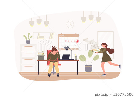 Deadline and paperwork at office modern flat concept. Tired employee sits at table, secretary hurries with documents. Stress and problems. Vector illustration with people scene for web banner design Deadline and paperwork at office modern flat concept. Tired employee sits at table, secretary hurries with documents. Stress and problems. Vector illustration with people scene for web banner design 136773500
