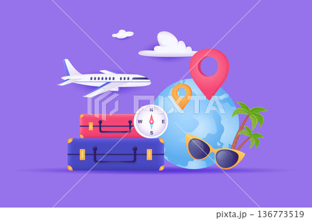 Traveling and go on vacation concept 3D illustration. Icon composition with passenger suitcases, compass, airplane, global tourism, sea resort, location pins. Vector illustration for modern web design Traveling and go on vacation concept 3D illustration. Icon composition with passenger suitcases, compass, airplane, global tourism, sea resort, location pins. Vector illustration for modern web design 136773519