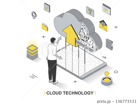 Cloud technology concept in 3d isometric outline design. User uploads and shares files online, creates backup, cloud storage and computing, line web template. Vector illustration with people scene 136773531
