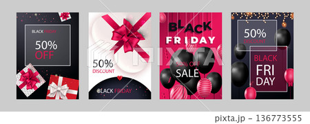 Black Friday Sale set of posters or flyers design with balloons and confetti. Black Friday cover design. Sale discount prices announcement brochure layout. Vector illustration with realistic elements. 136773555