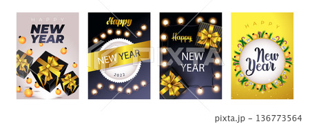 Merry Christmas set of posters or flyers greeting cards design with tree branch and Christmas ball. New Year 2022 cover design. Xmas brochure layout. Vector illustration with realistic elements. Merry Christmas set of posters or flyers greeting cards design with tree branch and Christmas ball. New Year 2022 cover design. Xmas brochure layout. Vector illustration with realistic elements. 136773564