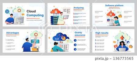 Cloud computing concept for presentation slide template. People uploading files, storage data at server and processing information, using cloud technology. Vector illustration for layout design 136773565