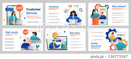 Customer service concept for presentation slide template. Operators answer calls and messages around the clock, consult people and solve technical issues. Vector illustration for layout design 136773567