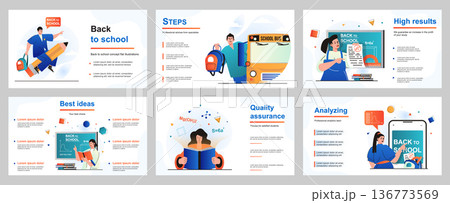 Back to school concept for presentation slide template. Pupils go to lessons, schoolgirls and schoolboys study. Students learning, receive education at college. Vector illustration for layout design 136773569