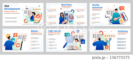 App development concept for presentation slide template. People developers generate ideas, create ui design, optimizes programs, software, mobile, application. Vector illustration for layout design 136773575
