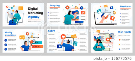 Digital marketing concept for presentation slide template. People make advertising campaigns, promotion online, create communication strategy and analysis data. Vector illustration for layout design Digital marketing concept for presentation slide template. People make advertising campaigns, promotion online, create communication strategy and analysis data. Vector illustration for layout design 136773576