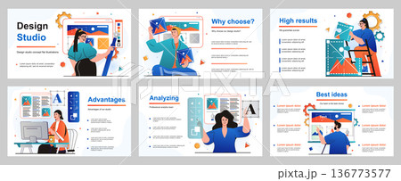 Design studio concept for presentation slide template. Illustrators draw images, graphic elements, choose colors and fonts, works at computer in creative agency. Vector illustration for layout design Design studio concept for presentation slide template. Illustrators draw images, graphic elements, choose colors and fonts, works at computer in creative agency. Vector illustration for layout design 136773577