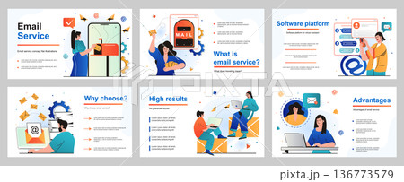 Email service concept for presentation slide template. People sending and receiving letters, advertising or newsletter mails. Online correspondence applications. Vector illustration for layout design 136773579