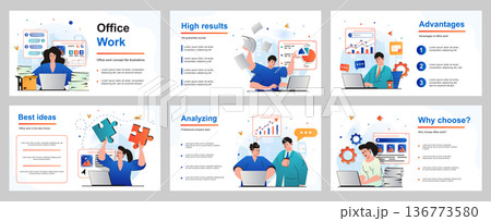Office work concept for presentation slide template. Employees working at laptops, perform tasks, paperwork, make reports and presentations at business meeting. Vector illustration for layout design Office work concept for presentation slide template. Employees working at laptops, perform tasks, paperwork, make reports and presentations at business meeting. Vector illustration for layout design 136773580