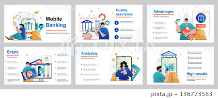 Mobile banking concept for presentation slide template. People pay for purchases or bills, make financial transactions in mobile application, bank online service. Vector illustration for layout design 136773583