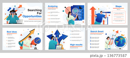 Searching for opportunities concept for presentation slide template. People looking telescope, choosing direction, new success business, employee career growth. Vector illustration for layout design 136773587