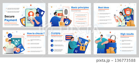 Secure payment concept for presentation slide template. People paying for goods and services online, data protection and security guarantees, saving money. Vector illustration for layout design 136773588