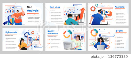 Seo analysis concept for presentation slide template. People analyze website, optimize interface and improve content, promote it to top search, develop strategy. Vector illustration for layout design 136773589
