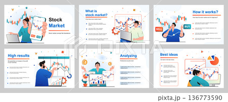 Stock market concept for presentation slide template. People are engaged in trading, analysis financial data graph, buying and selling, investment money. Vector illustration for layout design Stock market concept for presentation slide template. People are engaged in trading, analysis financial data graph, buying and selling, investment money. Vector illustration for layout design 136773590