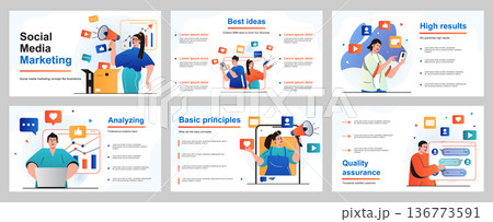 Social media marketing concept for presentation slide template. People promote business online, make advertising campaigns, attract customers, increase income. Vector illustration for layout design 136773591