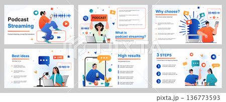 Podcast streaming concept for presentation slide template. People with headphones talking in microphone at live radio show. Listeners enjoying online broadcast. Vector illustration for layout design Podcast streaming concept for presentation slide template. People with headphones talking in microphone at live radio show. Listeners enjoying online broadcast. Vector illustration for layout design 136773593
