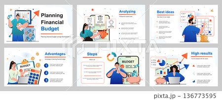 Planning financial budget concept for presentation slide template. People make accounting analysis of statistics income and expenses, savings, financial plan. Vector illustration for layout design 136773595