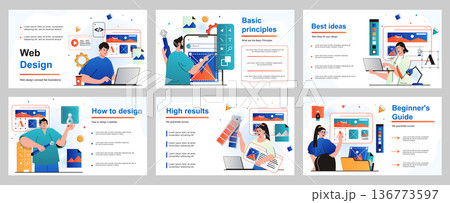 Web design concept for presentation slide template. Designers create and optimize layout of website, select colors of user interface, place elements and graphics. Vector illustration for layout design 136773597