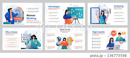 Web design concept for presentation slide template. Female occupations - businesswoman, teacher, hairdresser, veterinarian, seamstress, operator call center. Vector illustration for layout design Web design concept for presentation slide template. Female occupations - businesswoman, teacher, hairdresser, veterinarian, seamstress, operator call center. Vector illustration for layout design 136773598