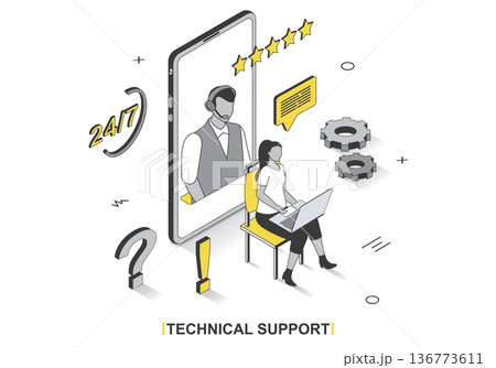 Technical support concept in 3d isometric outline design. Client writes chat to customer service operator, receives advice and solves problems, line web template. Vector illustration with people scene 136773611