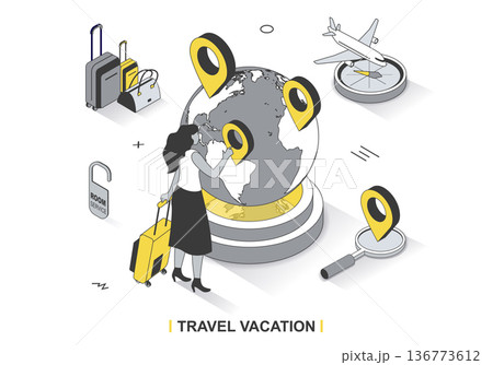Travel vacation concept in 3d isometric outline design. Woman with luggage chooses directions, search tours, book tickets for plane and hotel, line web template. Vector illustration with people scene Travel vacation concept in 3d isometric outline design. Woman with luggage chooses directions, search tours, book tickets for plane and hotel, line web template. Vector illustration with people scene 136773612