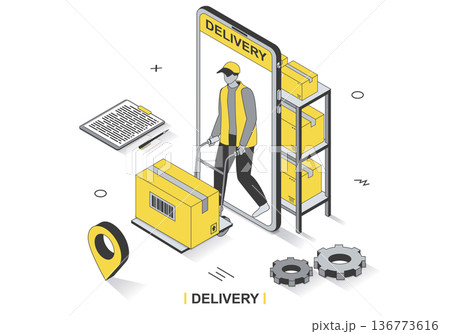 Delivery service concept in 3d isometric outline design. Warehouse worker carries parcel, courier delivers box, fast shipping transportation, line web template. Vector illustration with people scene Delivery service concept in 3d isometric outline design. Warehouse worker carries parcel, courier delivers box, fast shipping transportation, line web template. Vector illustration with people scene 136773616