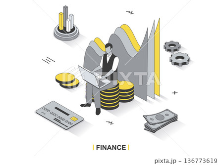 Finance concept in 3d isometric outline design. Man analyzes financial statistics, invests money, increases profit, auditing and accounting, line web template. Vector illustration with people scene Finance concept in 3d isometric outline design. Man analyzes financial statistics, invests money, increases profit, auditing and accounting, line web template. Vector illustration with people scene 136773619