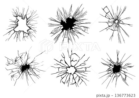 Broken glass stamp set isolated elements. Bundle of cracked mirror effect, crushed glass with bullet hole, broken surface with cracks, grunge texture. Vector illustration in flat cartoon design. 136773623