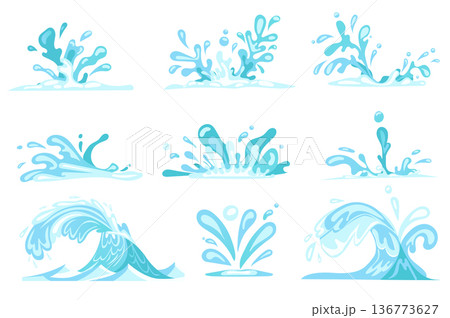 Water with splashes and drops set isolated elements. Bundle of fresh and clean aqua, pure and blue water, ocean waves and liquid with different shapes. Vector illustration in flat cartoon design. Water with splashes and drops set isolated elements. Bundle of fresh and clean aqua, pure and blue water, ocean waves and liquid with different shapes. Vector illustration in flat cartoon design. 136773627