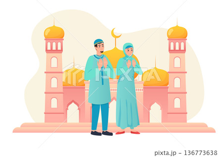 Muslim family celebrating Ramadan flat concept people scene. Islamic couple going to mosque to praying in holy month. Man and woman in traditional clothes. Vector illustration for web banner design Muslim family celebrating Ramadan flat concept people scene. Islamic couple going to mosque to praying in holy month. Man and woman in traditional clothes. Vector illustration for web banner design 136773638