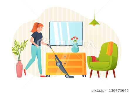 Woman cleaning at home flat concept people scene. Young girl vacuums floor in room, cleanup apartment and performs daily household chores and housework. Vector illustration for web banner design Woman cleaning at home flat concept people scene. Young girl vacuums floor in room, cleanup apartment and performs daily household chores and housework. Vector illustration for web banner design 136773643